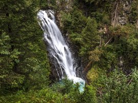 Familienhotel in Sterzing: hoi und herzlich willkommen! Wasserfall umgeben von grünem Wald und Felsen