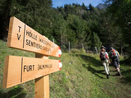 Familienhotel in Sterzing: hoi und herzlich willkommen! Holzwegweiser auf Wanderweg im Wald mit Wanderern im Hintergrund
